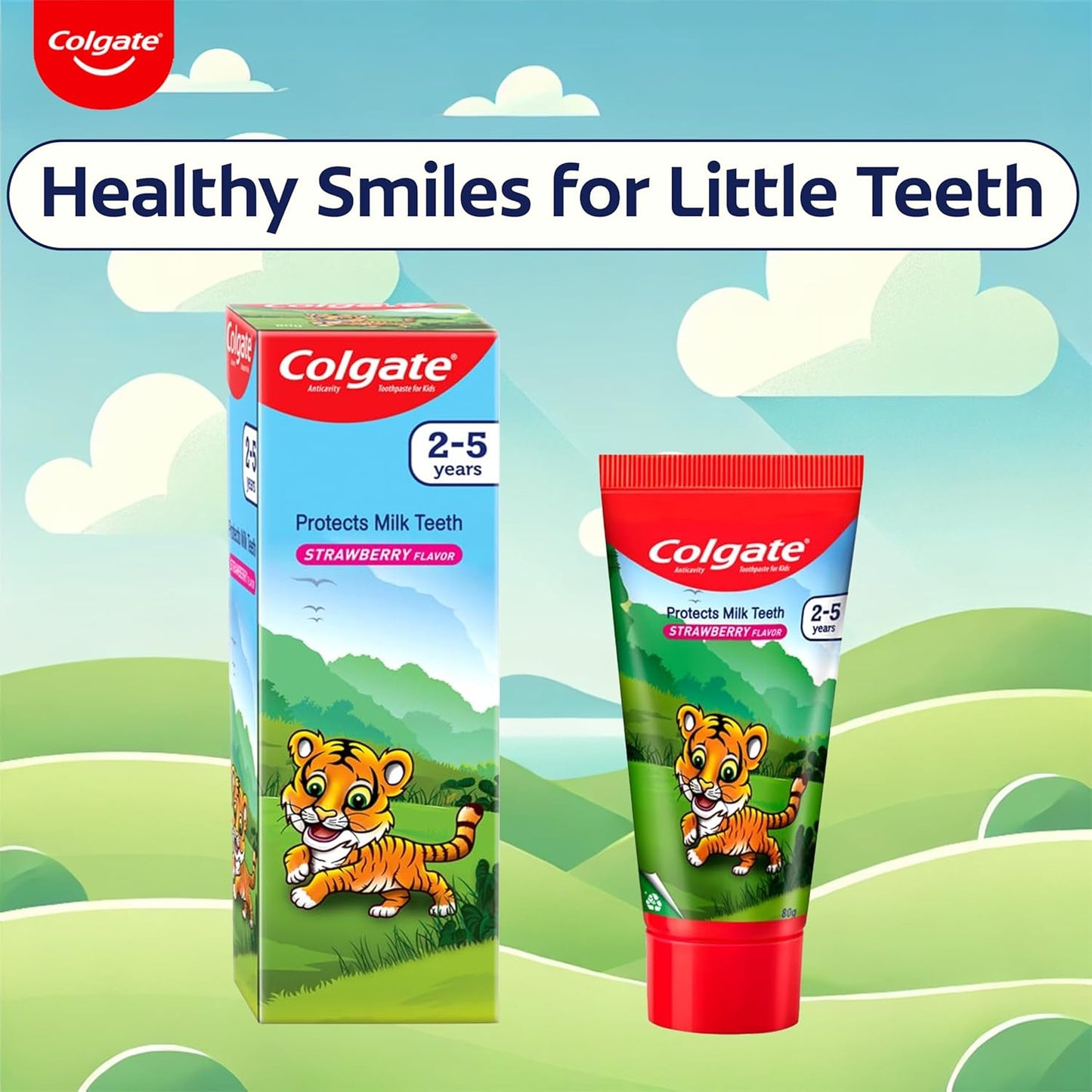 Colgate Kids Tiger Toothpaste for 2-5 Years - 80gm, Tooth Paste with 50% Lesser Abrasive Formula for Protecting Against Cavities (Strawberry Flavour)