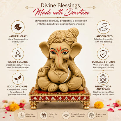 SHOPMEFAST Clay Ganesh Idol, 4 Inches Height, Water Soluble Ganpati Murti for Ganpati Visarjan (Small) (Natural Brown - Bal Gopal)