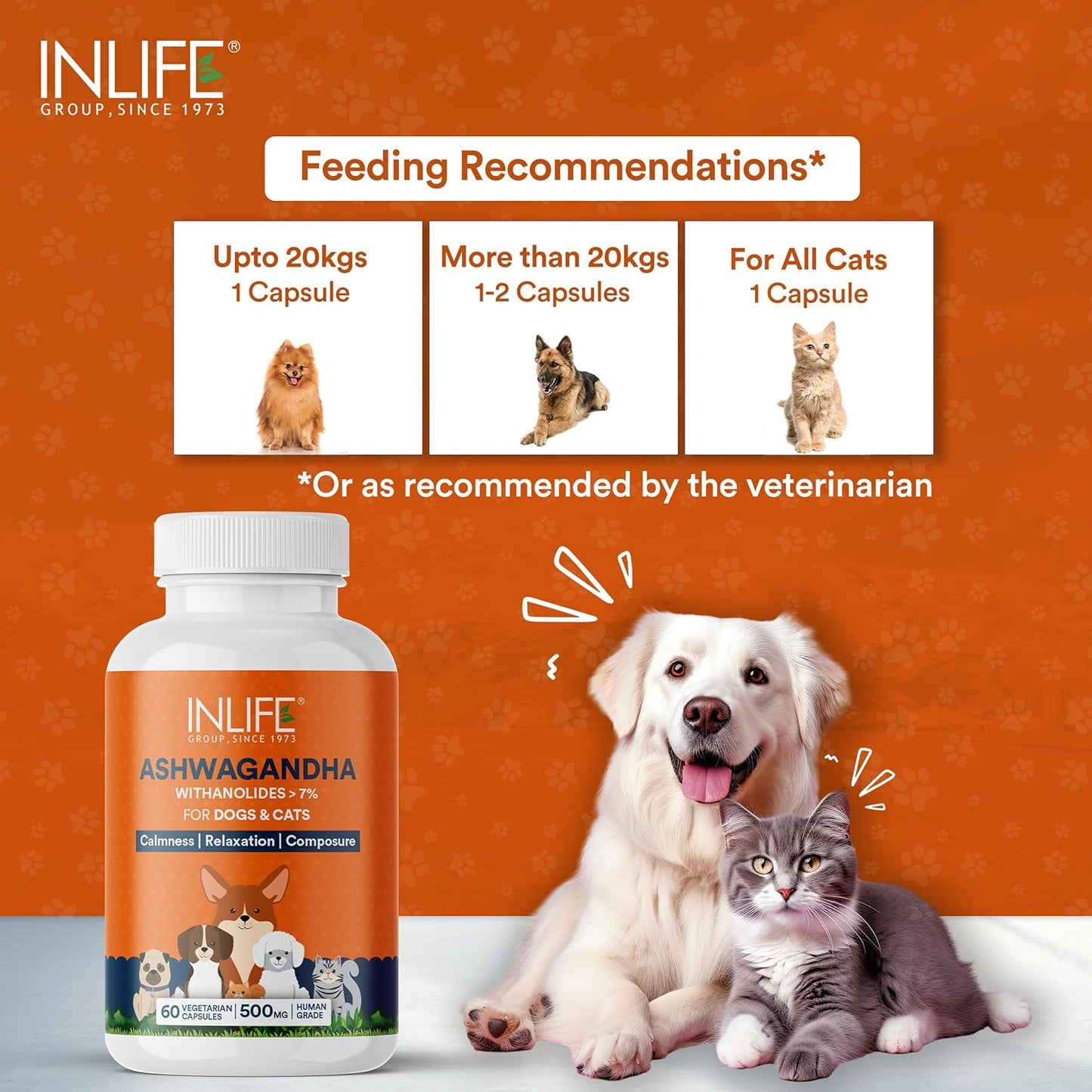 INLIFE Ashwagandha for Dogs (Withania Somnifera) Supplement for Relaxation, Calmness & Composure, 500mg - 60 Vegetarian Capsules