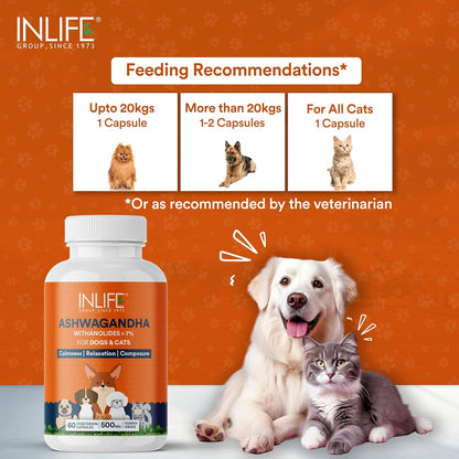 INLIFE Ashwagandha for Dogs (Withania Somnifera) Supplement for Relaxation, Calmness & Composure, 500mg - 60 Vegetarian Capsules