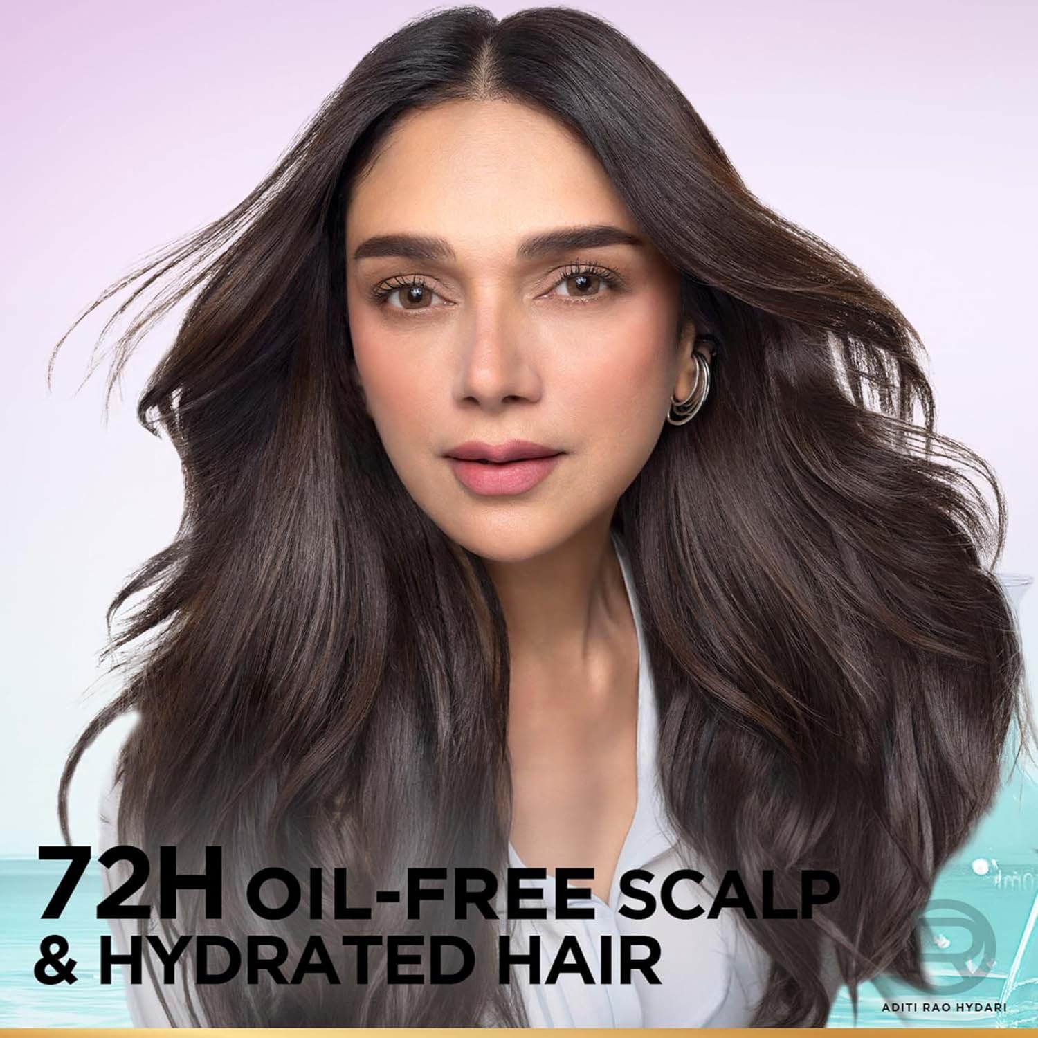 Woman with long, wavy hair on a light purple background with text about scalp and hair care.