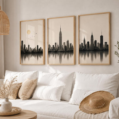 Set of 3 Modern City Skyline Wall Art Paintings for Living Room | Minimalist Urban Cityscape Wall Decor | Neutral Beige Framed Wall Paintings for Bedroom, Office, Hall & Home Decoration (13x19 Inches)
