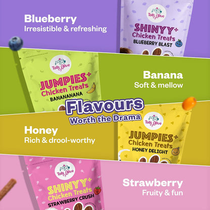 TailsAlive Shinyy+ Treats for Dogs | Skin & Coat Support | No Added Sugar | Fish Oil, Sea Buckthorn & Collagen | Strawberry Crush | 100g