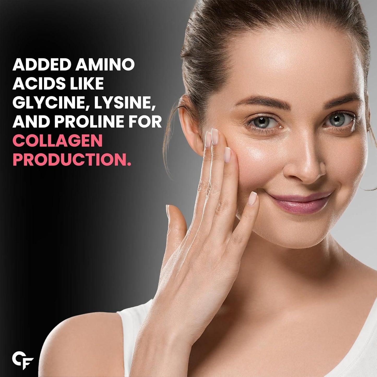 Woman applying a skincare product with text about amino acids for collagen production on a dark background.