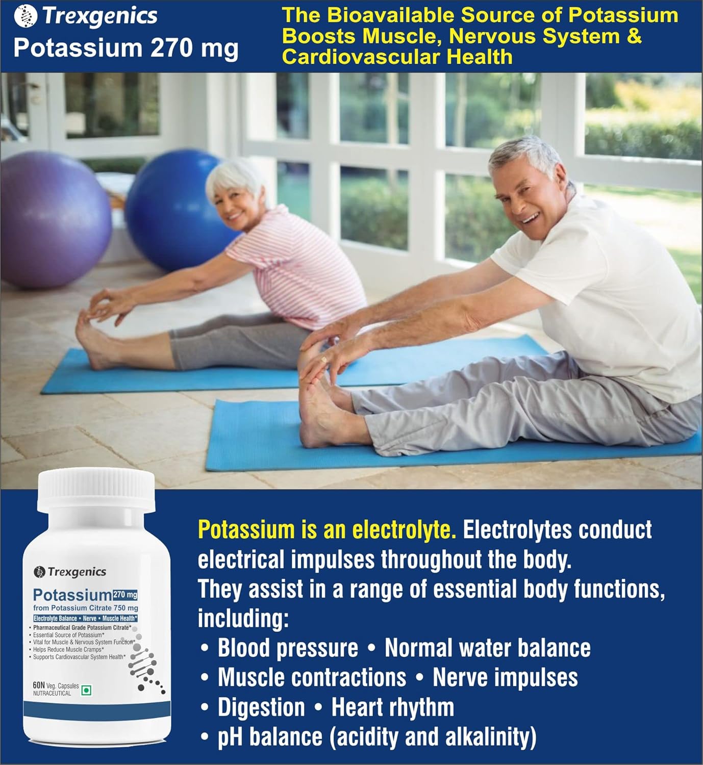 Advertisement for Trexegenics Potassium supplement with an elderly couple exercising in a bright room.