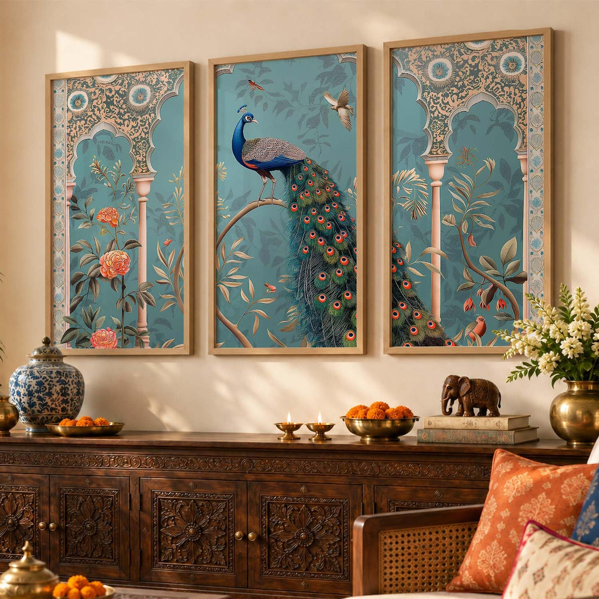 Indian Traditional Madhubani Big Size Wall Painting With Frame For Living Room Bed Room Hotel Wall Décor Digital Reprint Engineered Wood Set of 3 (Art 2, 10x13 inch, Framed)