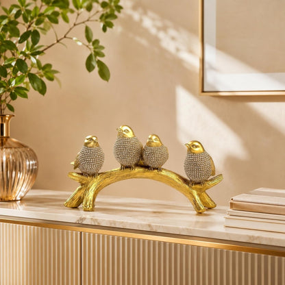 Golden Birds on Branch Showpiece for Home Decor – Resin Chirping Birds Figurine Statue for Living Room Shelf Table Decoration | Modern Decorative Bird Golden Showpiece (20.5 x 11.5 x 9 cm)