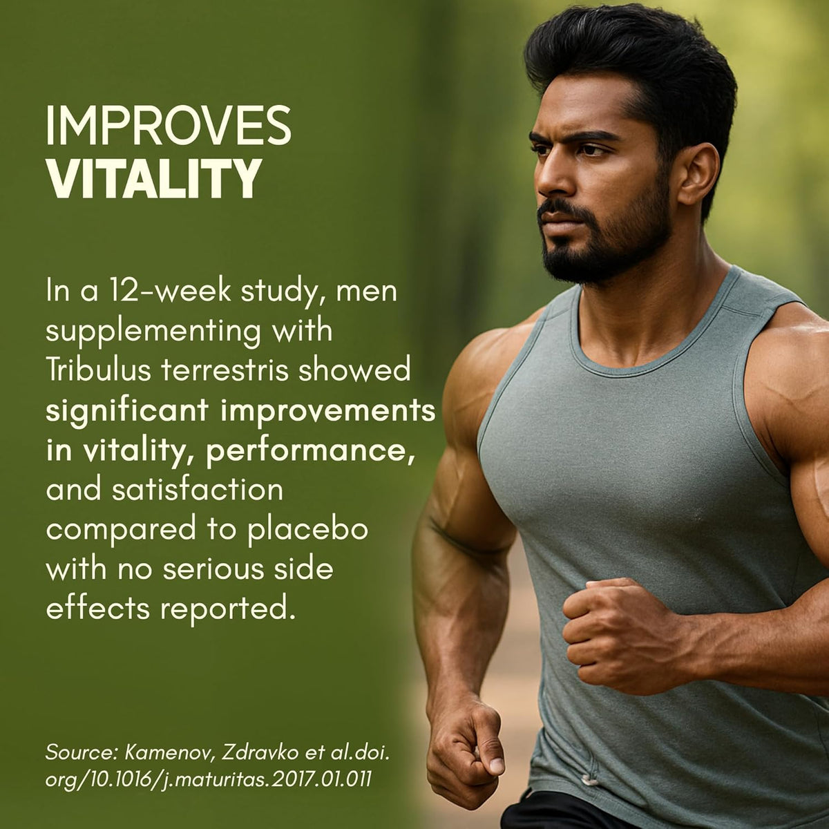 Man running outdoors with text about Tribulus terrestris supplement benefits on a green background