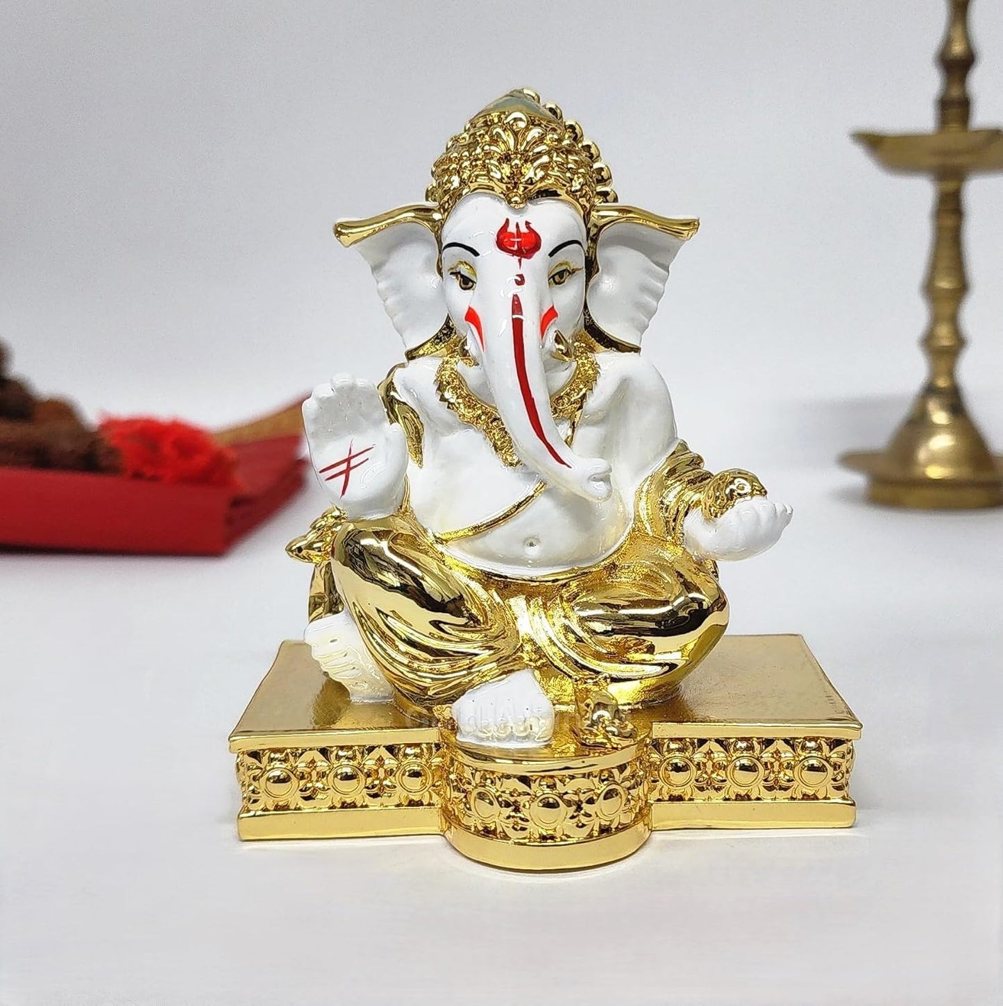Gold Art India Gold Plated White Gaddi Ganesh Idol for Home Decor Ganesha Murti Ganpati Idol for Office Desk Puja Lord Ganesh Statue for Gifting Ganpati Idol for Mandir Pooja Room Figurine