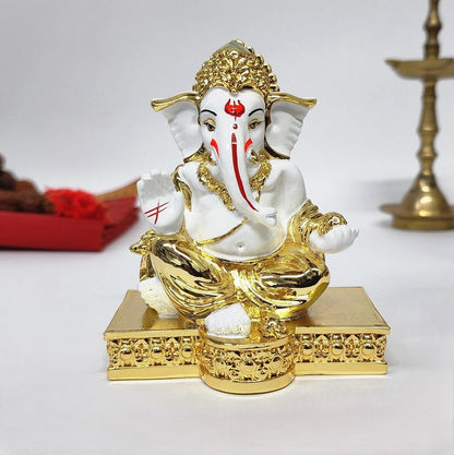 Gold Art India Gold Plated White Gaddi Ganesh Idol for Home Decor Ganesha Murti Ganpati Idol for Office Desk Puja Lord Ganesh Statue for Gifting Ganpati Idol for Mandir Pooja Room Figurine