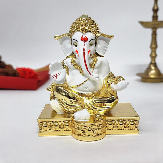 Gold Art India Gold Plated White Gaddi Ganesh Idol for Home Decor Ganesha Murti Ganpati Idol for Office Desk Puja Lord Ganesh Statue for Gifting Ganpati Idol for Mandir Pooja Room Figurine