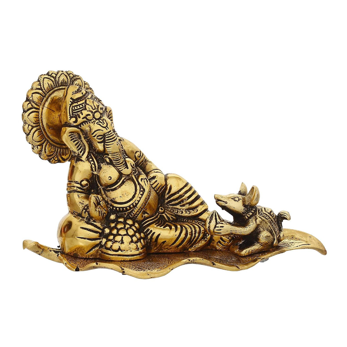 Golden Metal Lord Ganesha Statue Sitting On a Leaf with Mouse | Ganesha Idol for Home Decor Car Dashboard | Ganpati Murti Gift for Diwali Housewarming