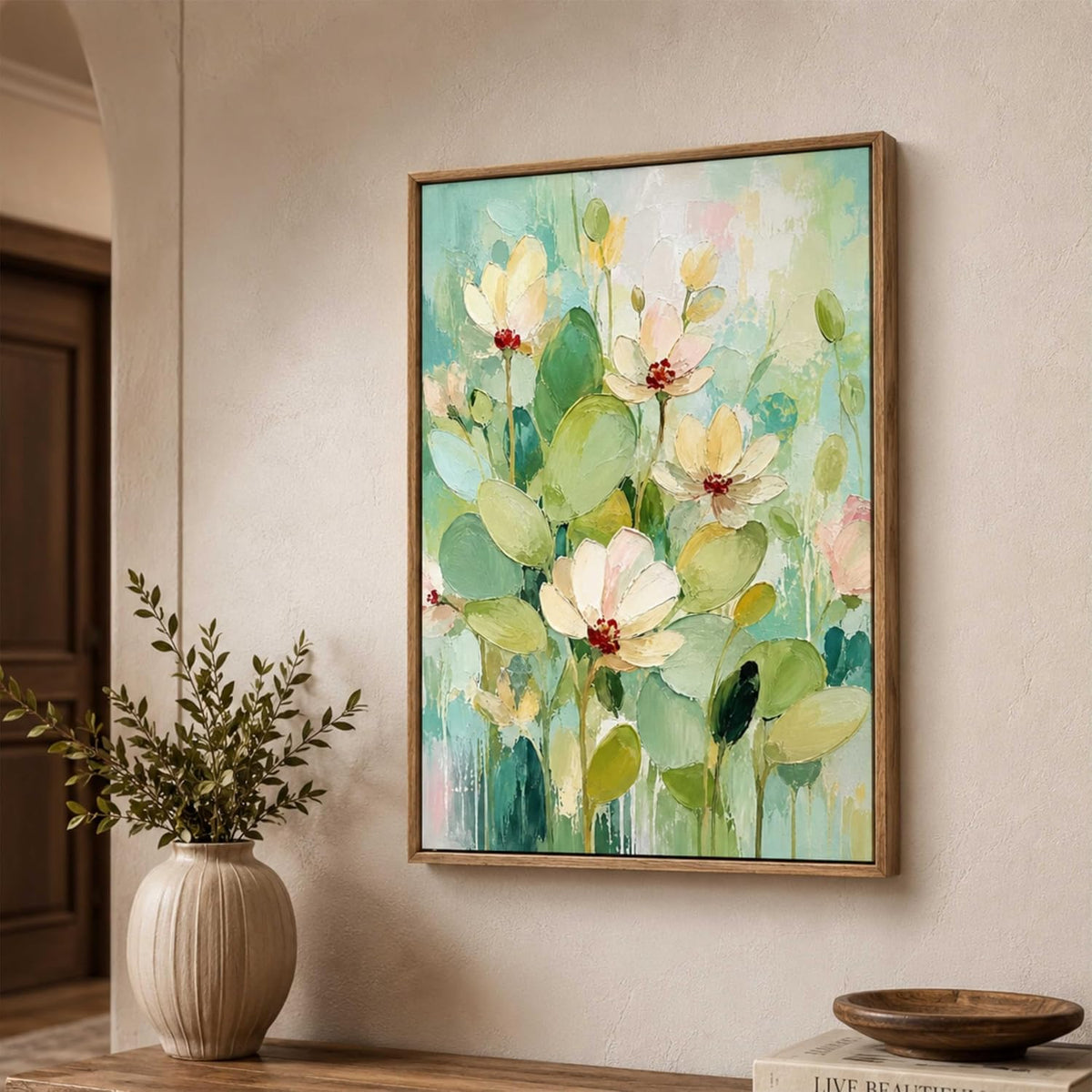 Pastel Floral Wall Painting for Living Room Bedroom Hall Office Decor, Soft Flower Artwork with Sparkle Laminate and Premium Wooden Synthetic Frame (13.5 x 19.5 Inch) NM01-4110