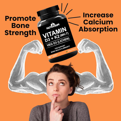 Nutrasium Vitamin D3 K2 Supplement | With Added B12 and DHA | Vitamin K2 MK7 To Support Strong Bone, Heart Health & Immunity | Veg D3 - Lichen - 120 Tablets