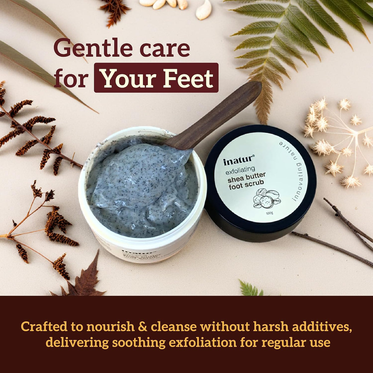 inatur Shea Butter Foot Scrub with Coconut Oil & Apricot Shell | Removes Dead Skin & Cracked Heels | Exfoliates, Softens & Smoothens Feet | With Vitamin E, Peppermint & Lavender Oils | 100g