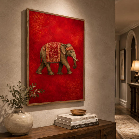 Royal Elephant Wall Painting for Living Room Bedroom Hall Office Decor, Red Vintage Animal Artwork with Sparkle Laminate and Premium Wooden Synthetic Frame (13.5 x 19.5 Inch) NM01-4108
