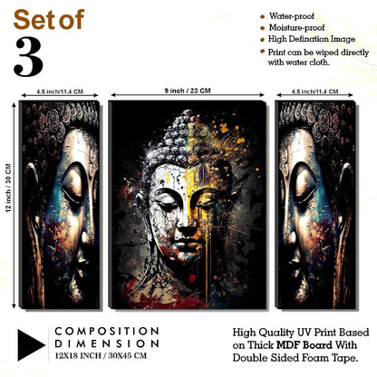 Abstract Textured Buddha Wall Art – 3-Panel UV-Printed Zen Triptych | Ready-to-Hang Spiritual Meditation Home Décor (20 Inch x 12 Inch) JM-35300