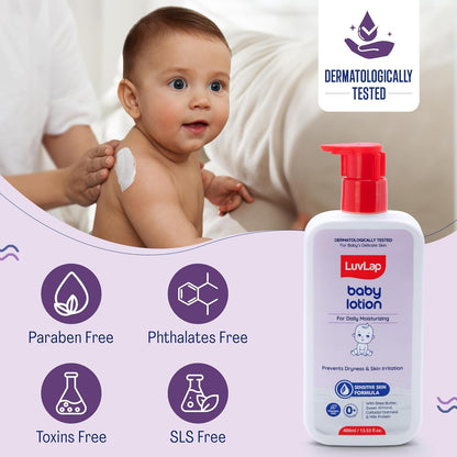 LuvLap Baby Lotion with Milk Protein - 400ml, Gentle Daily Lotion for Face & Body, 24 Hour Protection for Sensitive Skin, Ph 5.5, Shea Butter and VIT E, Paraben Free, Dermatologically Tested