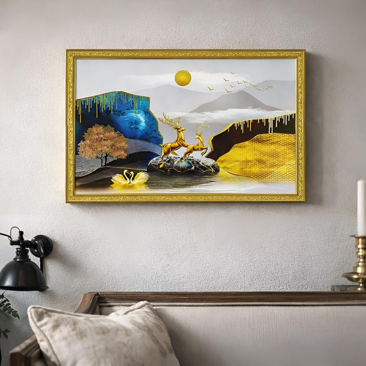 Abstract art Framed Golden Foil 3D Style Landscape Painting | Ready to Hang (14 x 20 inches, Multicolor)