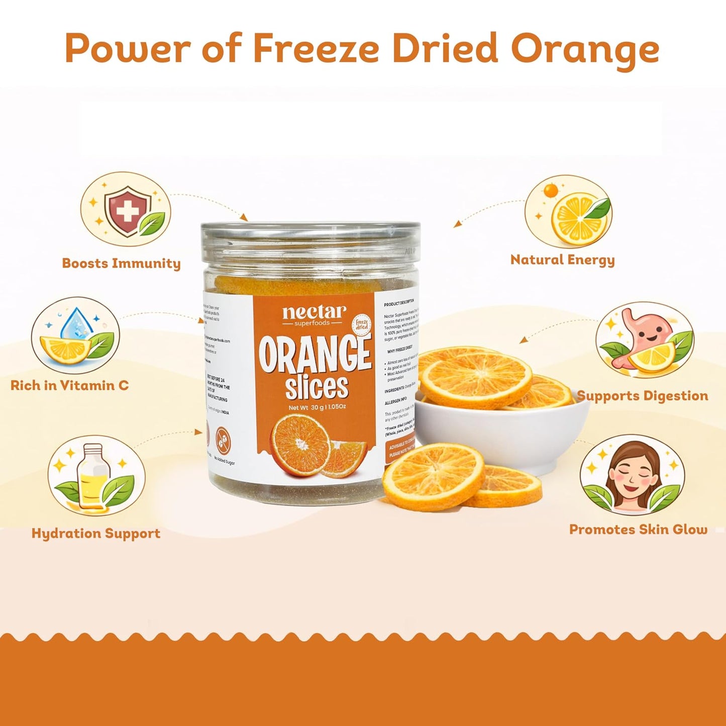 Freeze Dried Orange Slices – 30g Jar Pack of 1 | 100% Natural Crispy Fruit Snack | No Added Sugar | Healthy & Lightweight |