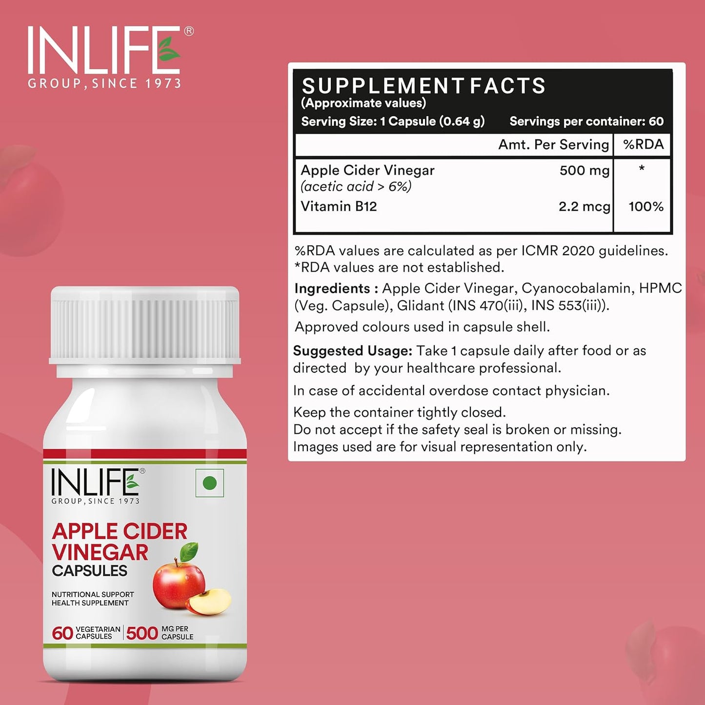INLIFE Apple Cider Vinegar Supplement | Weight Management, Metabolism, Healthy Digestion | Plant Based Nutrition, 500mg - 60 Vegetarian Capsules (Pack of 1, 60)