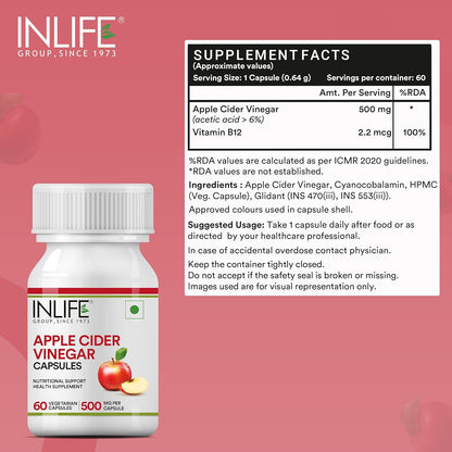 INLIFE Apple Cider Vinegar Supplement | Weight Management, Metabolism, Healthy Digestion | Plant Based Nutrition, 500mg - 60 Vegetarian Capsules (Pack of 1, 60)