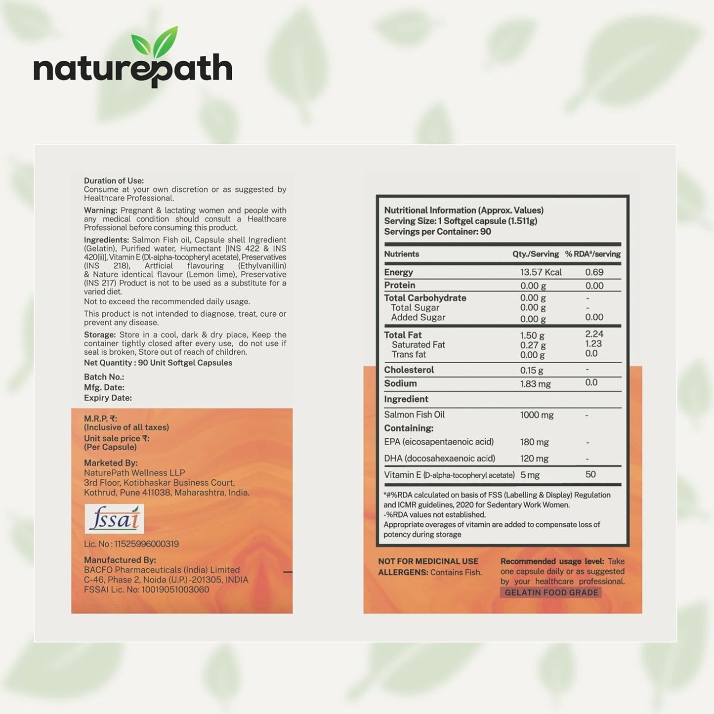 NaturePath Salmon Omega 3 Fish Oil capsules plus Vitamin E - 1000mg - For Men & Women - Supports Heart, Brain, Joints, & skin Health - No Fishy Aftertaste - 3rd Party Lab Tested - 90 Softgels