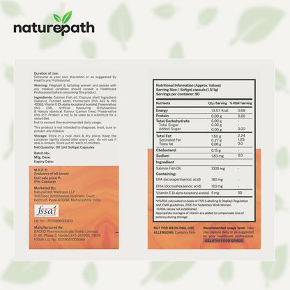 NaturePath Salmon Omega 3 Fish Oil capsules plus Vitamin E - 1000mg - For Men & Women - Supports Heart, Brain, Joints, & skin Health - No Fishy Aftertaste - 3rd Party Lab Tested - 90 Softgels