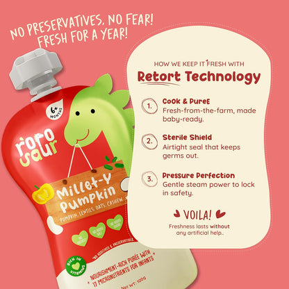 Rorosaur Ready to Eat Sattu Maavu Porridge Baby Food Puree Pouch 100g each, Pk of 2 | Made with millet & pumpkin for 6+ Months Baby | Easy to Digest, 100% Natural, No Preservatives, No Sugar/Salt