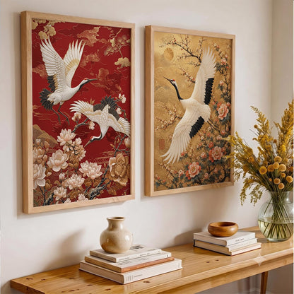 Aesthetic Japanese Crane Wall Art Painting with Cherry Blossom Flowers, Framed Nature Painting, Modern Art Home Decor for Living Room, Bedroom, Office Set of 2 (13X17 inch)