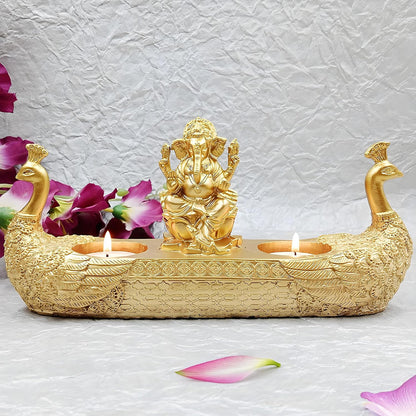 10x5 Inch Resin Lord Ganesha Idols with 2 Diya | Vinayagar Statue for Pooja Room | Ganpati Idol for Home and Office Decor | Golden