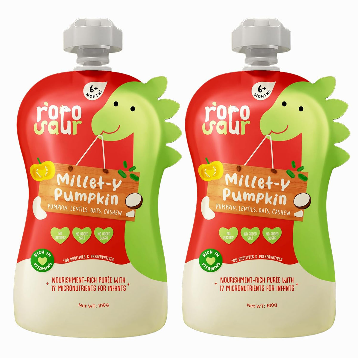Rorosaur Ready to Eat Sattu Maavu Porridge Baby Food Puree Pouch 100g each, Pk of 2 | Made with millet & pumpkin for 6+ Months Baby | Easy to Digest, 100% Natural, No Preservatives, No Sugar/Salt