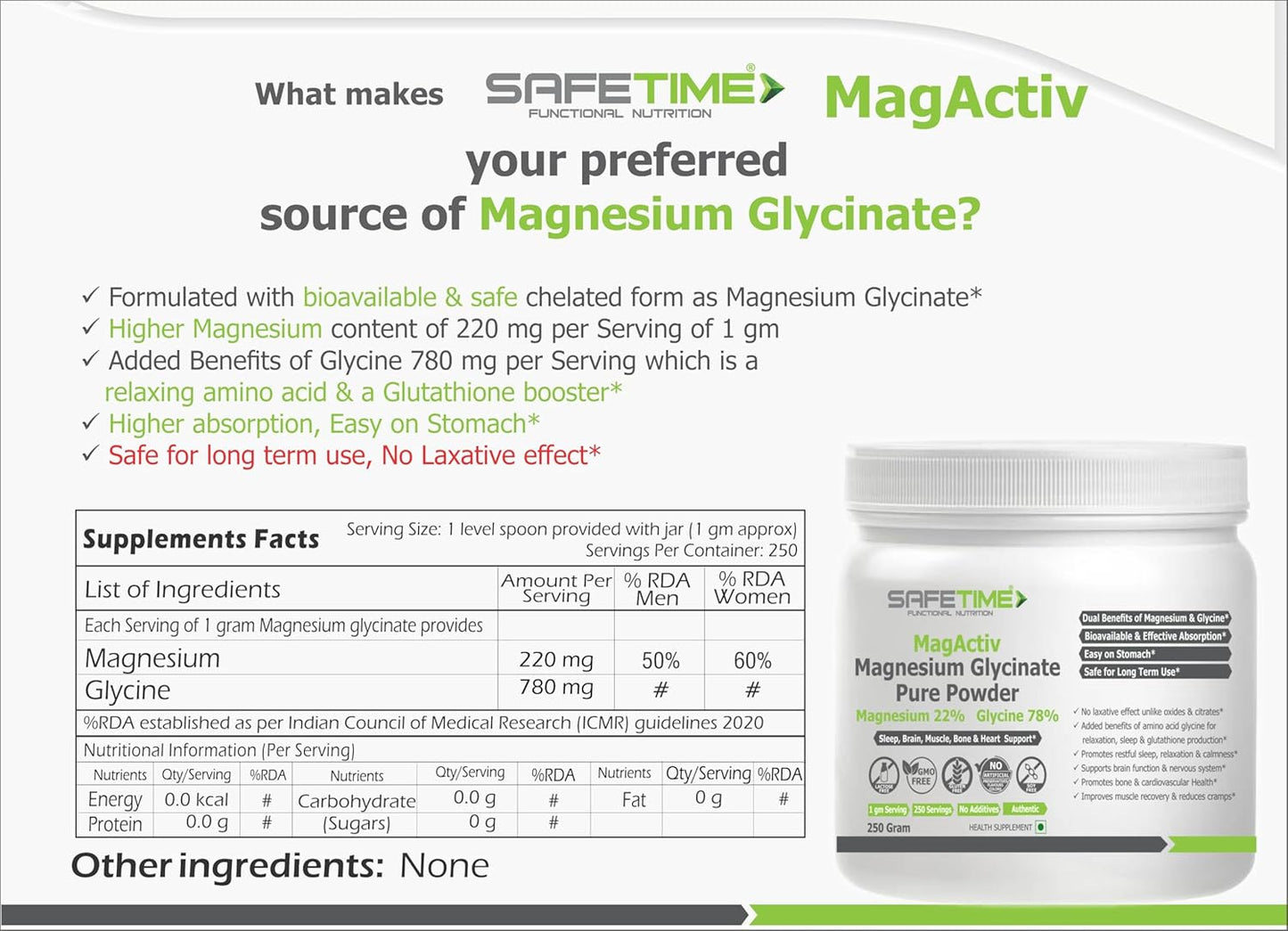 SafeTime MagActiv Magnesium Glycinate supplement container with label details.