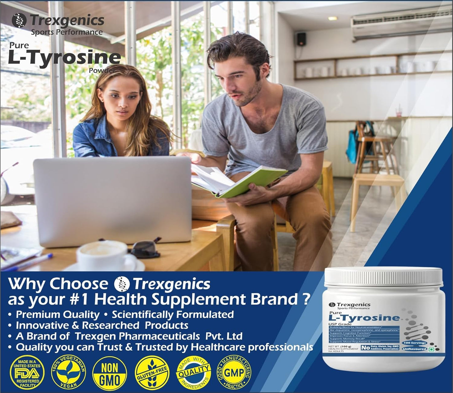 Trexgenics L-TYROSINE PURE POWDER USP grade Neurotransmitter production, Cognitive Function, Focus, Attention, Memory, Stress Support (100 gram)