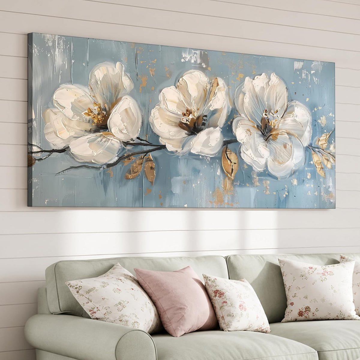 Beautiful Abstract White Flower Stretched Canvas Wall Art Painting For Living Room, Daisy Floral painting for Bedroom, Home and Office, 22x46 Inch