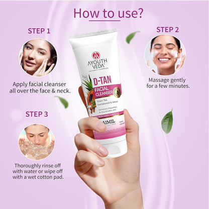 Ayouthveda D-Tan Facial Cleanser for Tan Removal & Skin Brightening | Helps Clean Dirt & Impurities | Enriched with Papaya, Lemon, Aloe Vera & Cucumber | Net Qty.- 100g