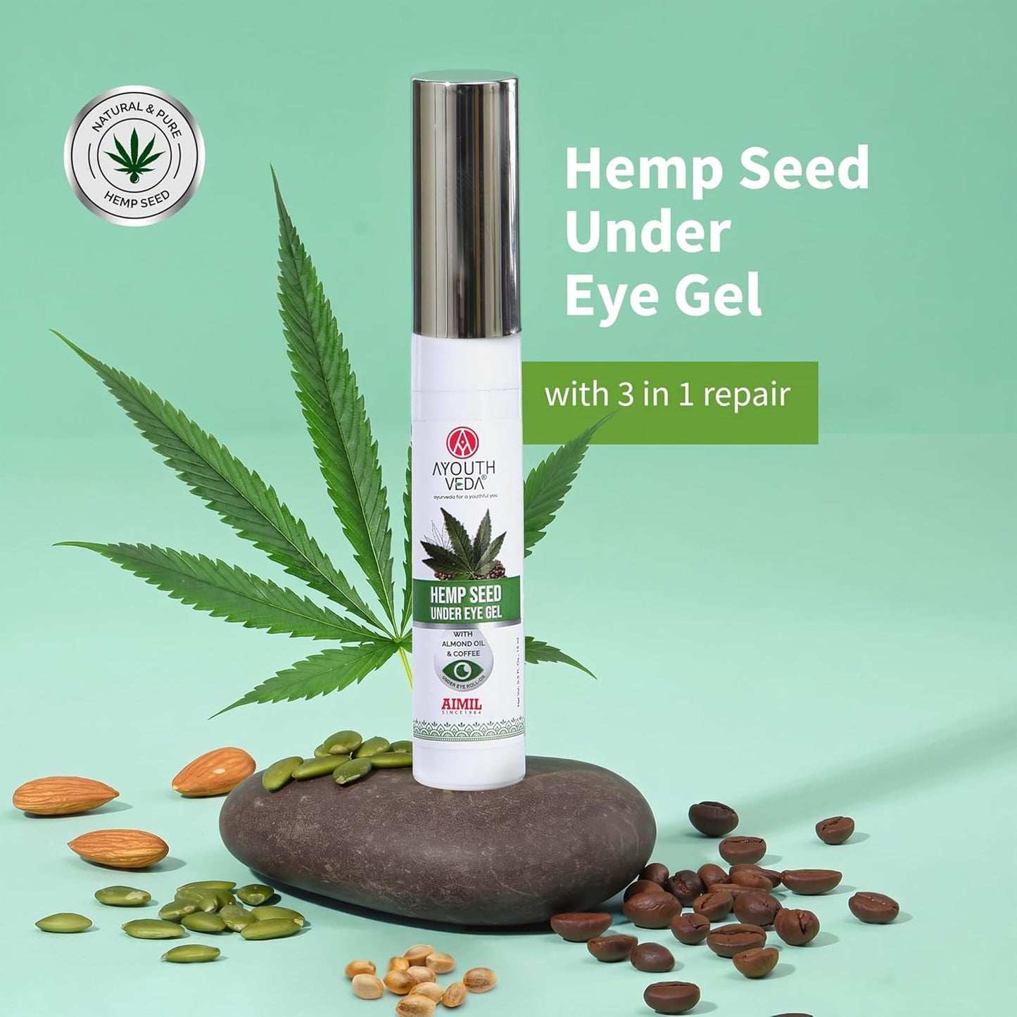 Ayouthveda Hemp Seed Under Eye Gel with Cooling Massage Roller|For Puffy Eyes, Dark Circles, Wrinkles & Fine Lines|With Hemp Seed Oil, Almond oil & Coffee| (Pack of 1;15ml)
