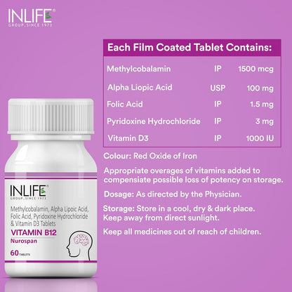 INLIFE Vitamin B12 (Methylcobalamin) 1500mcg Supplement with ALA, Folic Acid, Vitamin D3 | Nerve and Brain Health for Men & Women – 60 Tablets(Pack Of 1, 60)