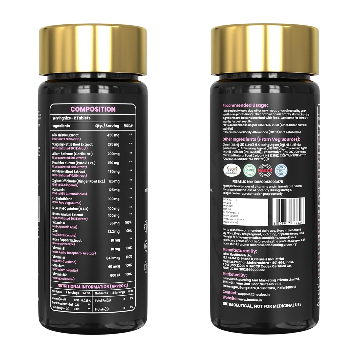 Healeo Liver Forte 2500mg, 17-in-1 Milk Thistle Liver Detox Supplement with NAC, Glutathione, Turmeric, Dandelion - Fatty Liver Cleanse, Care & Support - Lab Tested - 60 Veg Tablets