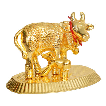 Oxidized Metal Religious kamdhenu Cow with Calf Handmade Handicraft Idol for Home Decor Gift Item