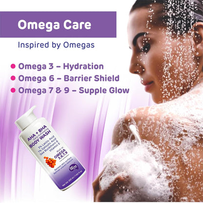 Body wash bottle with a woman being washed, featuring Omega Care benefits on a purple background.