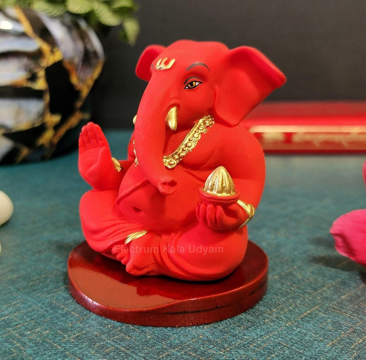 Handcrafted Poly Resin Ganesha Statue with Base - Perfect for Car Dashboard, Office Desk, Shelves, and Home Decor - Ideal Housewarming Gift! (RedAppuwithbase)