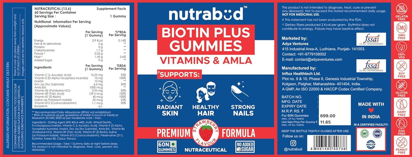Nutrabud Biotin Hair Gummies For Women, Men | No Added Sugar | For Healthy Hair Growth, Skin Glow & Strong Nails | Strawberry Flavor Veg Gummy Bear Supplement - 60 Count (Pack of 1)