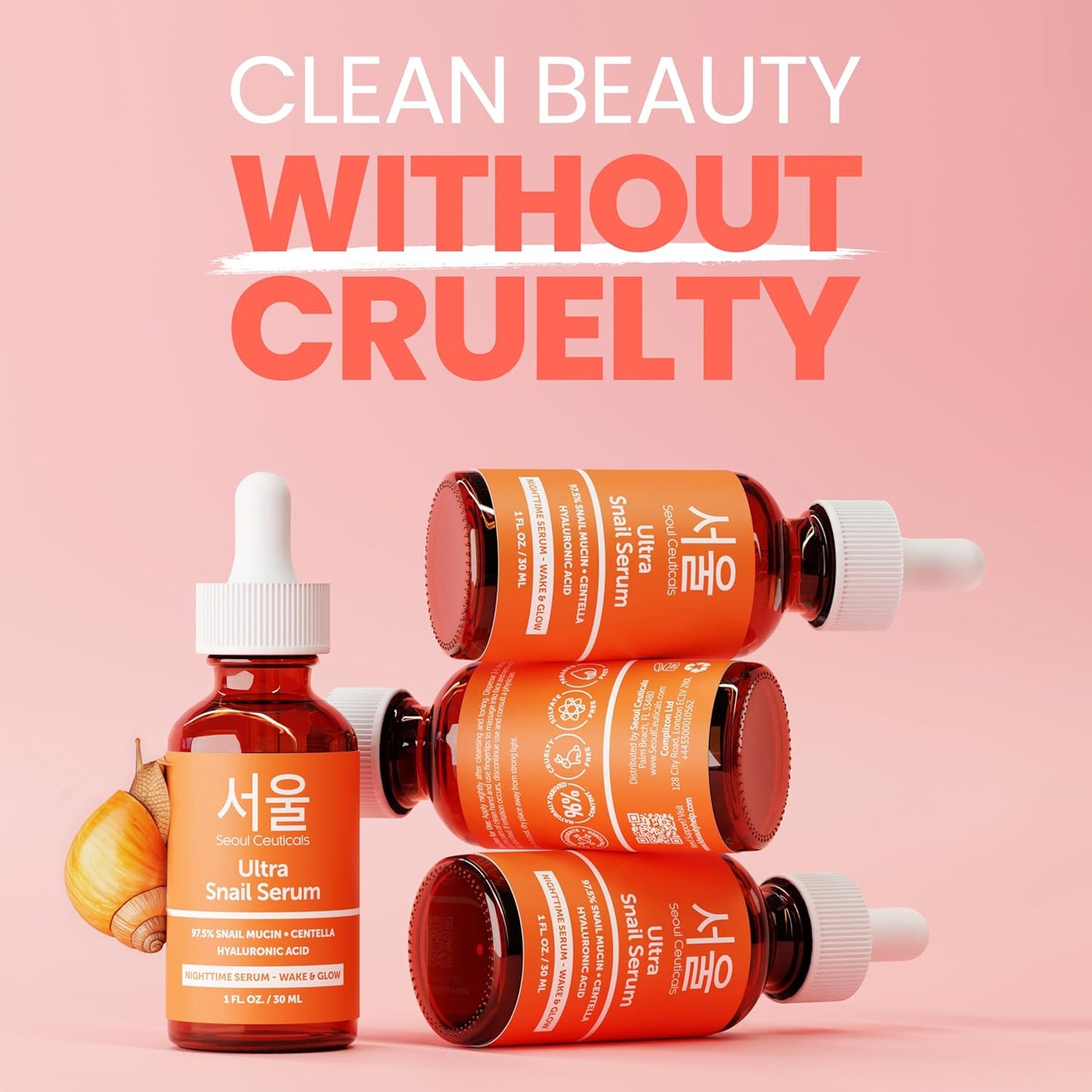 SeoulCeuticals Korean Snail Mucin Serum – 97.5% Snail Serum with Hyaluronic Acid & Centella – Anti Wrinkle & Anti Aging Serum for Face – K Beauty Night Skincare - 30ml