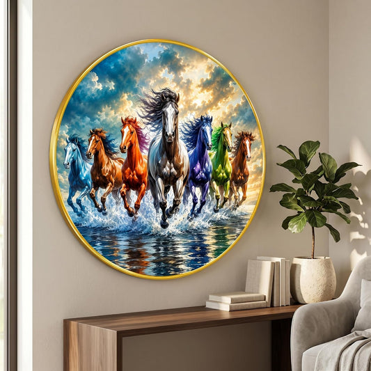 7 Horse Vastu Round Wall Painting with Premium PVC Golden Frame, Colorful Running Horses Water Splash Art for Living Room Office Home Decor Gift (20 x 20 Inch) GRL-446