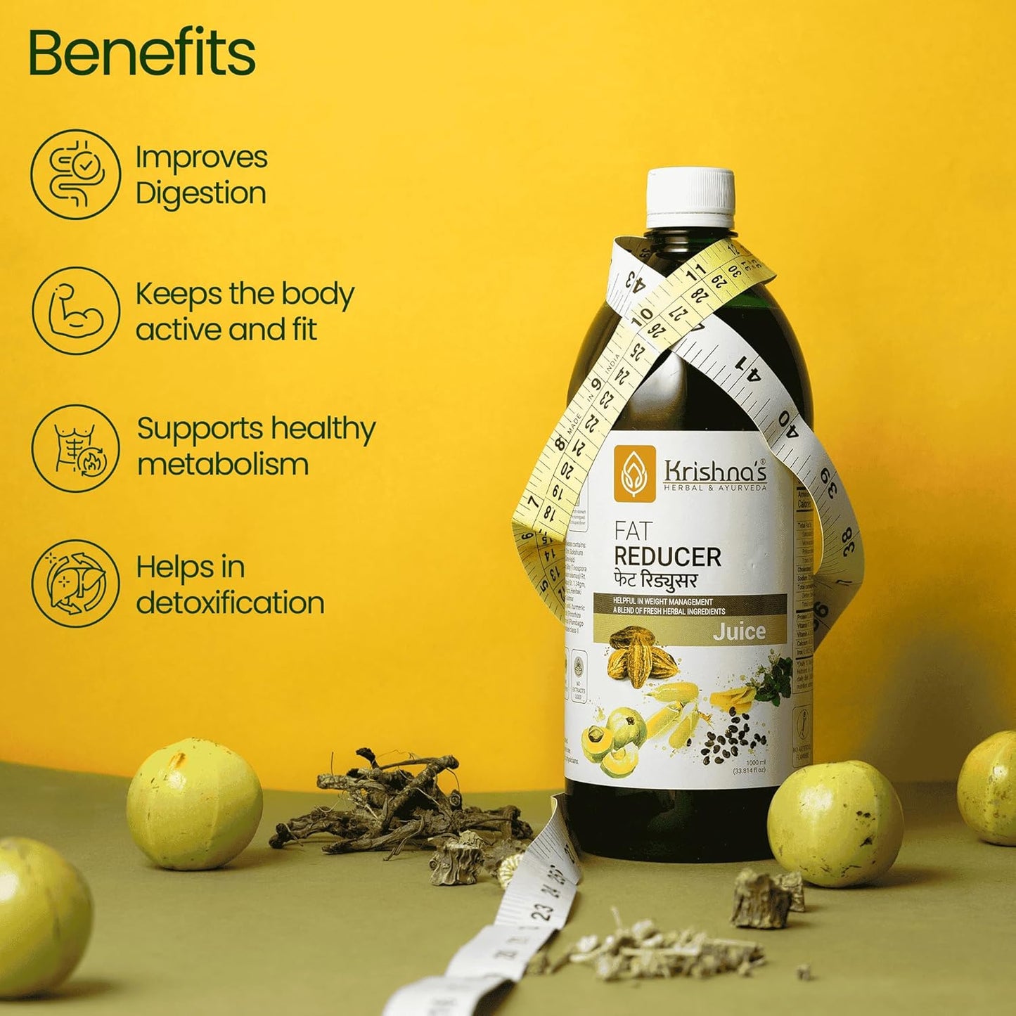KRISHNA'S HERBAL & AYURVEDA Fat Reducer Juice - 1000 ml | (Pack of 1) | 12 Powerful herbs for Weight Management | Amla, Harad, Daru Haridra, Sunn Hemp | Aids Metabolism and Digestion