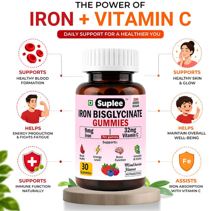 Suplee Chelated Iron Bisglycinate Gummies with Vitamin C Supplement | Mixed Berries Flavour, Zero Added Sugar, For Men, Women & Kids, 30 Gummies