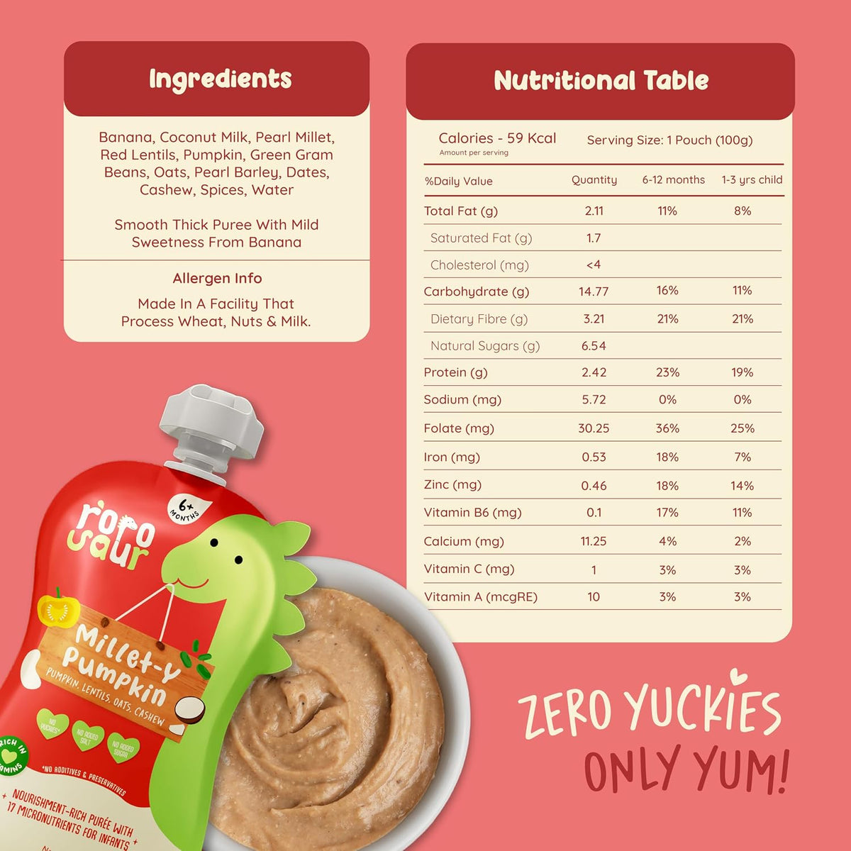 Rorosaur Ready to Eat Sattu Maavu Porridge Baby Food Puree Pouch 100g each, Pk of 2 | Made with millet & pumpkin for 6+ Months Baby | Easy to Digest, 100% Natural, No Preservatives, No Sugar/Salt