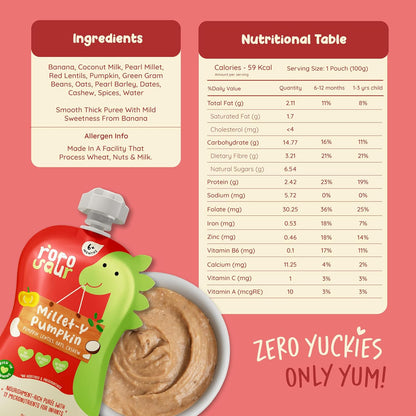 Rorosaur Ready to Eat Sattu Maavu Porridge Baby Food Puree Pouch 100g each, Pk of 2 | Made with millet & pumpkin for 6+ Months Baby | Easy to Digest, 100% Natural, No Preservatives, No Sugar/Salt
