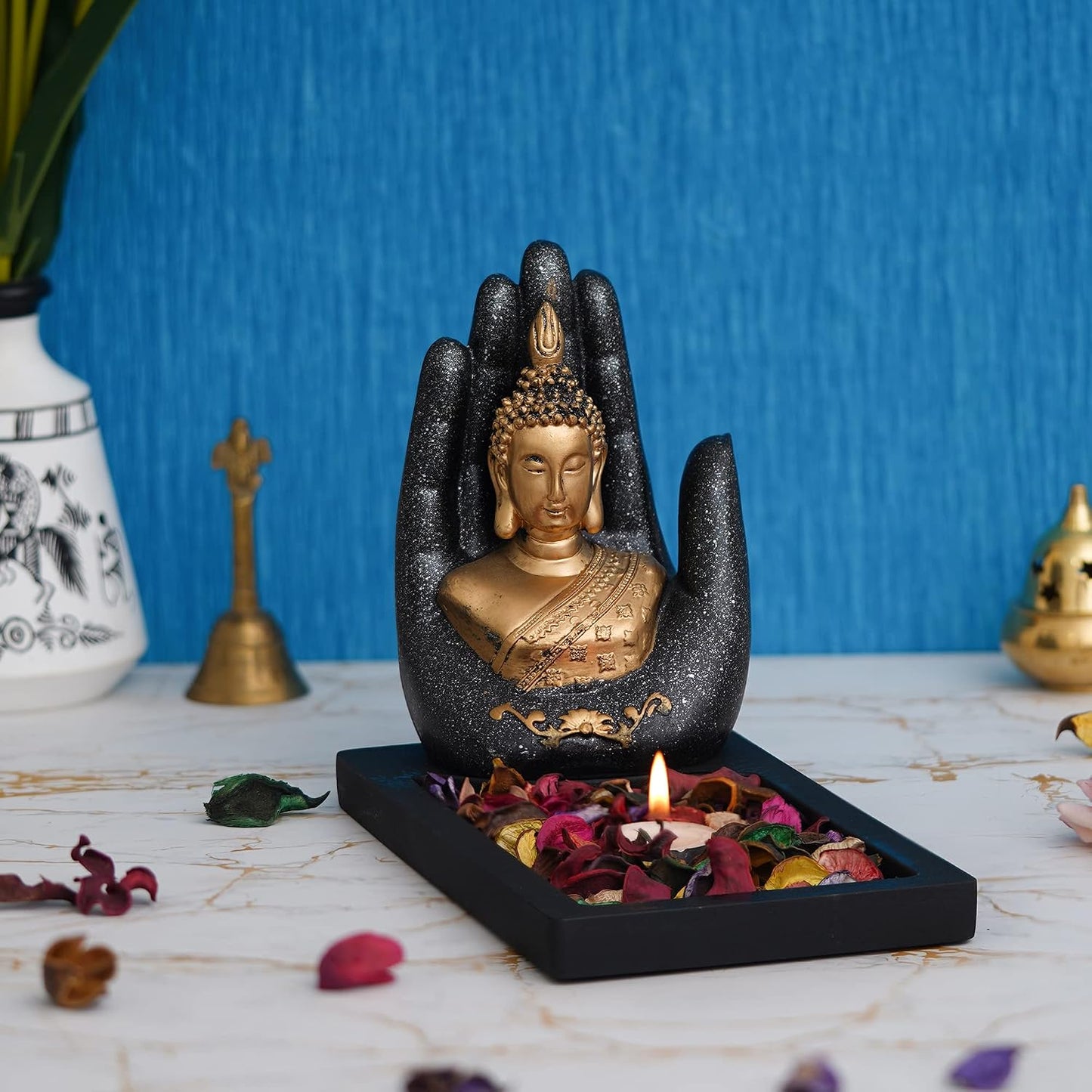 eCraftIndia Grey Golden Resin Palm Buddha Idol Tea Light Candle Holder| Lord Buddha Statue Tea Light Holder| Diwali Decoration Items for Home Decor| Buddha Showpiece Gift for Diwali Housewarming